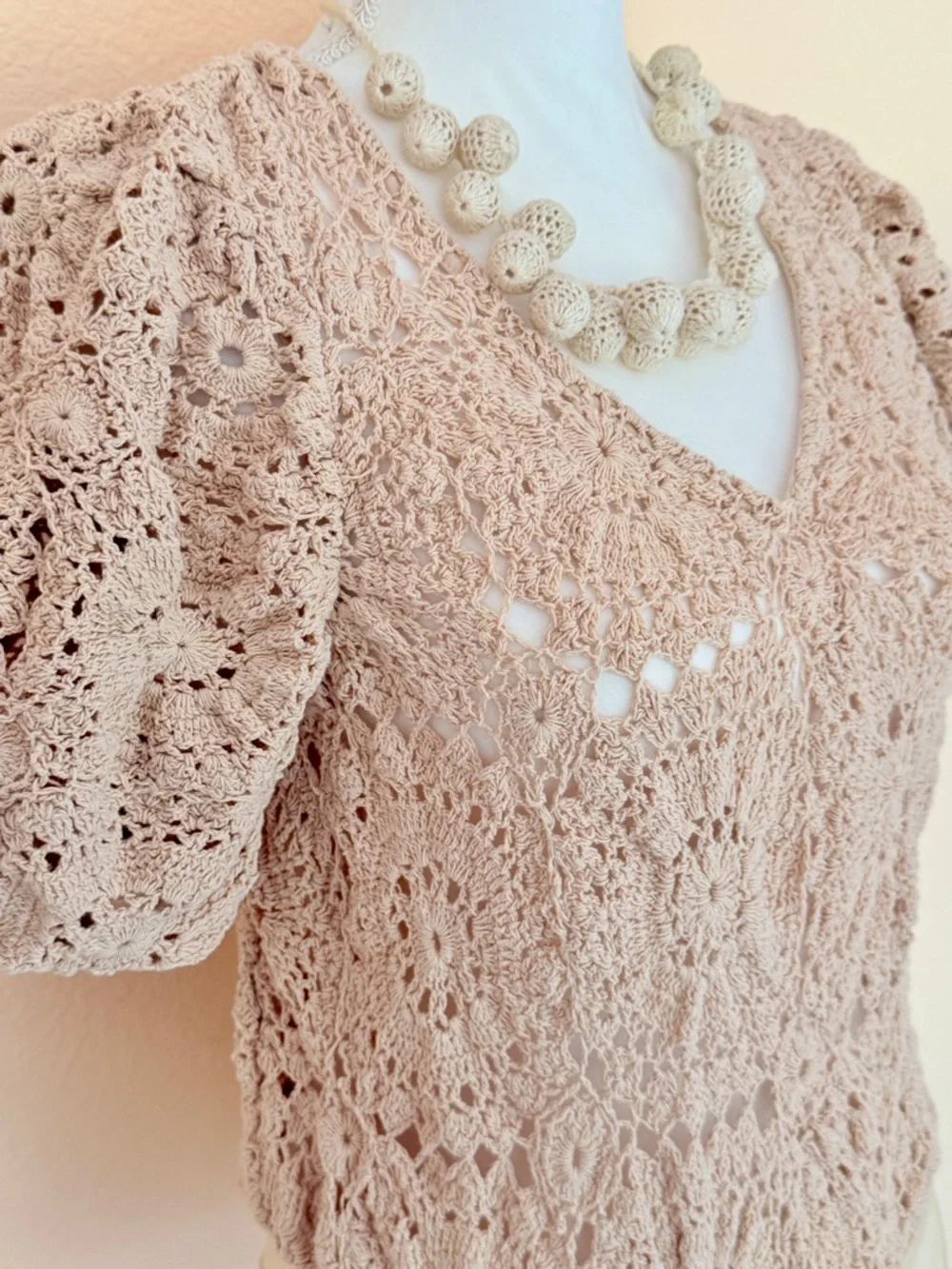 FREE PEOPLE Crochet V-Neck Bodysuit in Soft Blush Beige Boho Top Festival Blouse